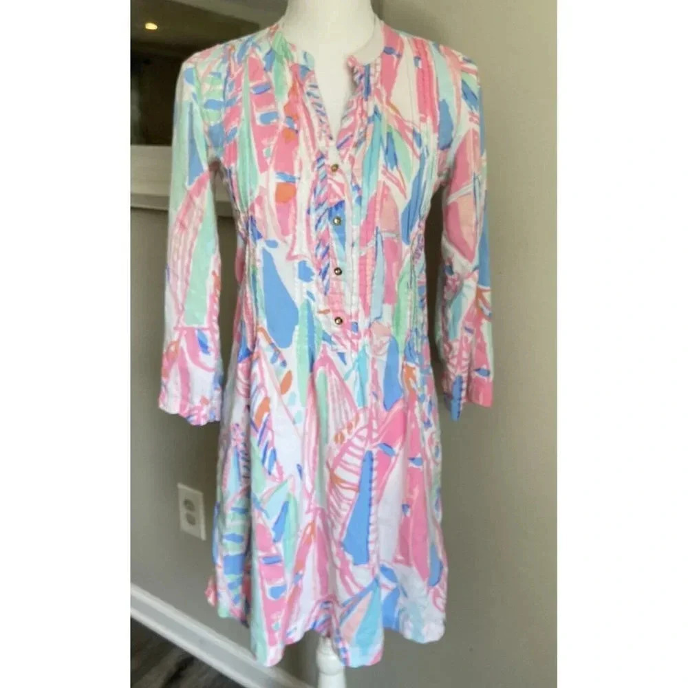 Lilly Pulitzer Sarasota Tunic Dress Pintuck Pleats Pink Blue Green XS